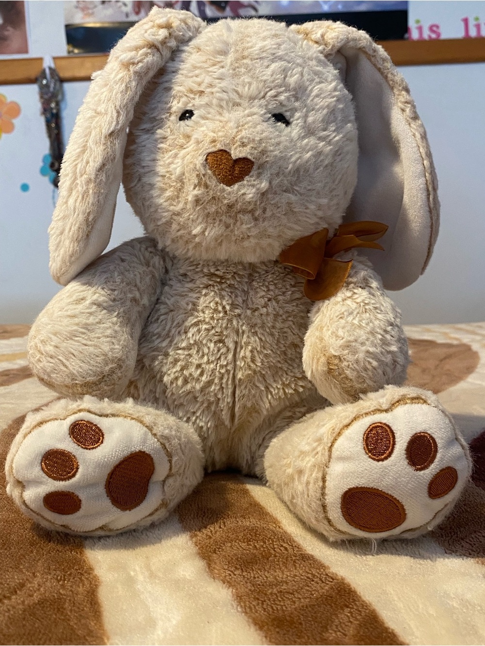 Plush White and Beige Bunny Stuffed Animal with Ribbon